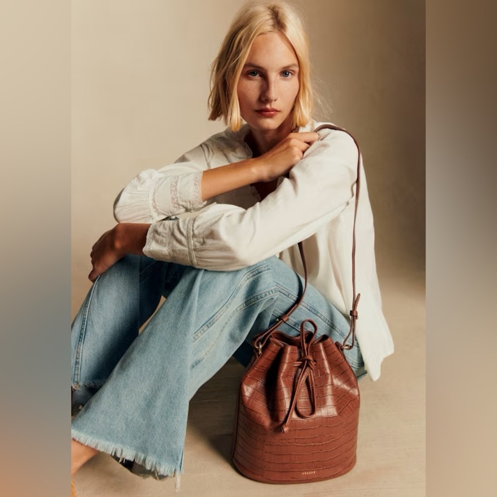 Sezane Brown Croc-Embossed Bucket Crossbody Bag